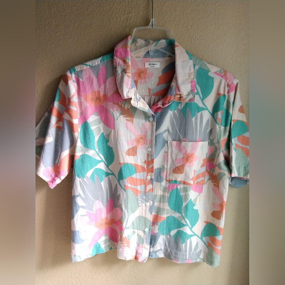 Dylan Short Sleeve Large Print Floral Shirt Boxy Fit Green Pink Medium Chest 36"